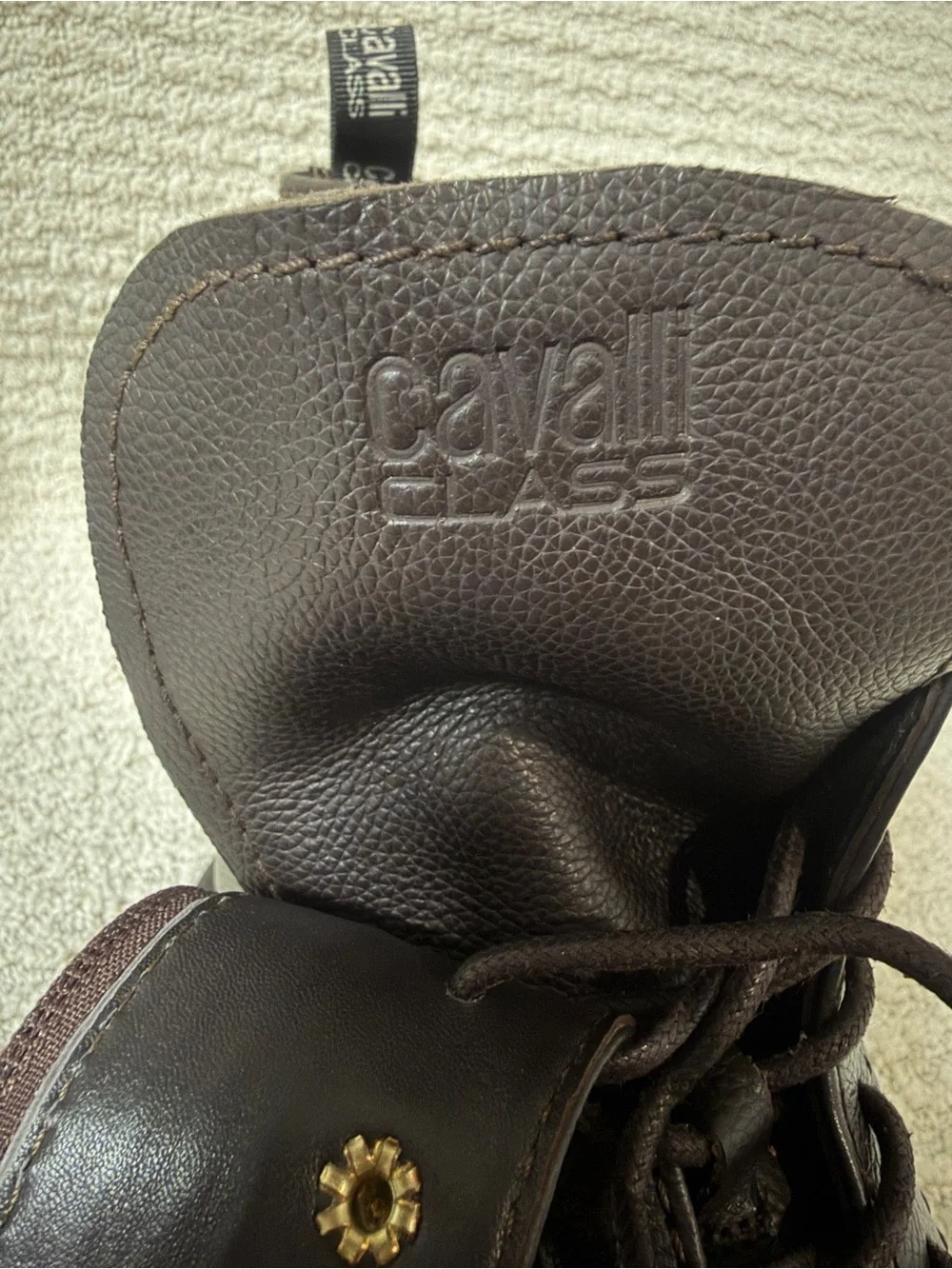 Cavalli Class Chocolate Brown Leather Combat Boots with Brass Accents